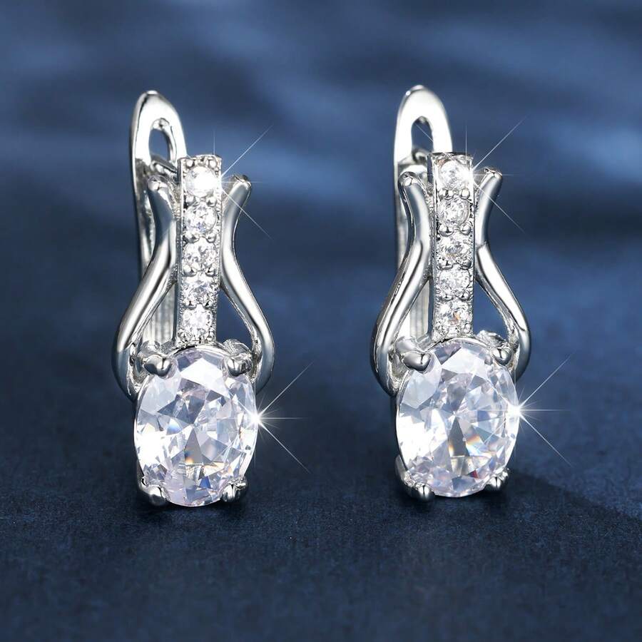 Vanel 1 Đôi bông tai đơn giản màu bạc tối giản đính đá CZ, kiểu dáng oval nhỏ nhắn lấp lánh, trang sức thời trang dành cho nữ, thích hợp đeo hàng ngày và dự tiệc. - trắng bạc - Xem 1