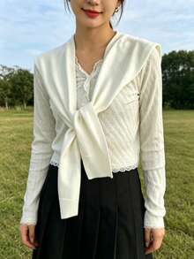 1pc Fashion Knitted Striped Shawl Wrap, Lightweight Summer Office Air-Conditioned Room Neck Protector Bolero For Women - White - View 6