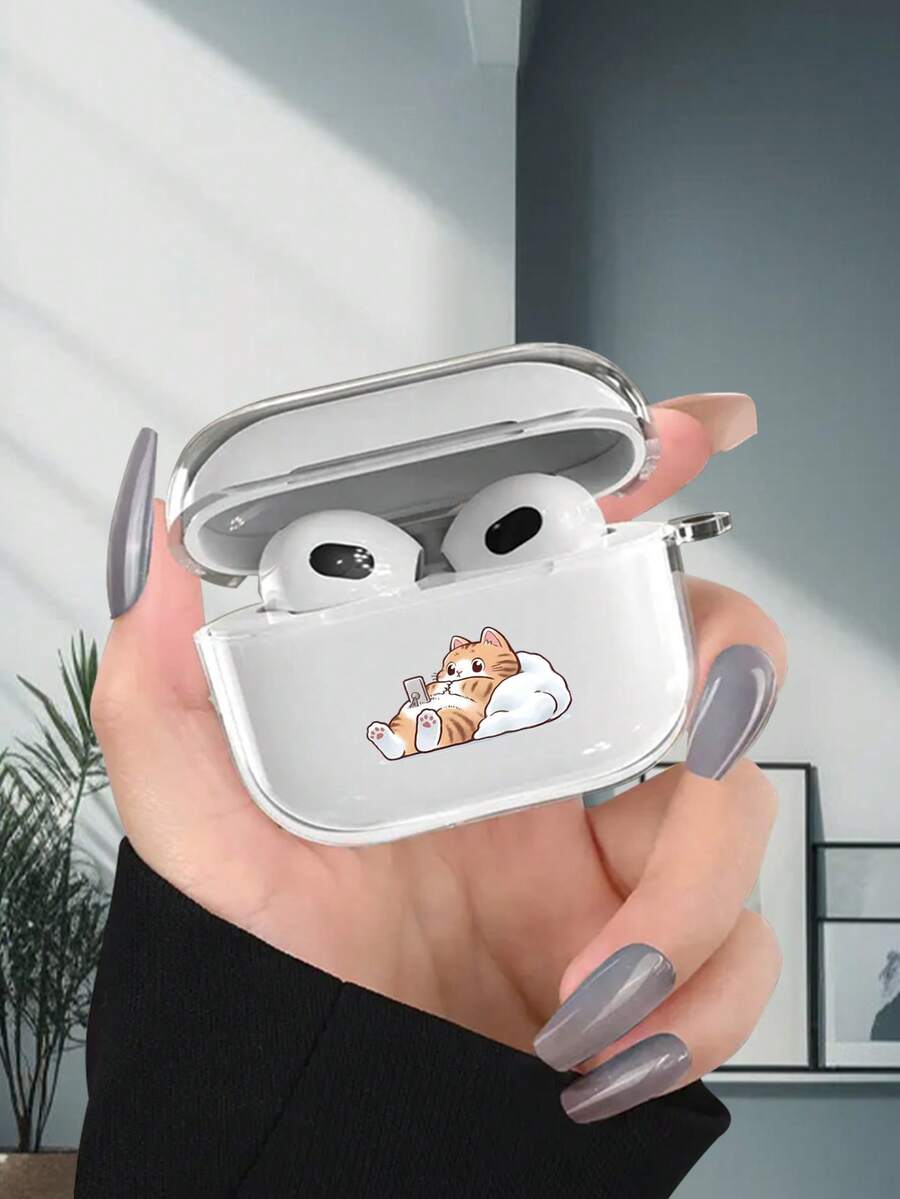 Étui d'écouteur transparent avec graphique de chat paresseux, mode et polyvalent, convient pour AirPods2/3/4/Pro/Pro2/Pro3. Idéal comme cadeau d'anniversaire ou de fête pour la famille, les amis et soi-même - Transparent - Voir 1