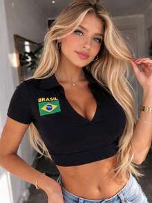 Cropped Top With Collar, World Cup Brazil Design, In Supplex Fabric With Padding. - 黑色 - 查看 3
