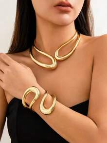 1 Set Vintage Asymmetrical Multi-Layer Hollow Minimalist Alloy Open Necklace Choker And Bracelet, Gold/Silver Collarbone Neck Accessory, Charming Daily Wear Jewelry Gift For Women - Yellow Gold - View 1