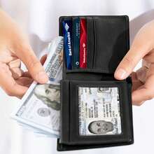 HOVI'S Ví da bò nam gập đôi thời trang - Chống RFID & 2 ngăn đựng thẻ ID - màu đen - Xem 9