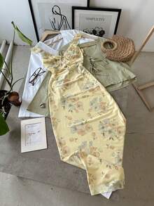 ALA 女士夏季奶油黄性感 Y2K 印花 V 领网纱荷叶边宽肩带修身鱼尾连衣裙，适合复活节派对、夏季假期、海岛度假、婚礼宾客、节日、派对、海滩等场合。 - Butter Yellow - 查看 9