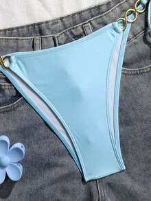 Solid Color Elegant Cute Tie Rhinestone Decor Swimwear Set, Vacation Beach Summer - Baby Blue - View 7