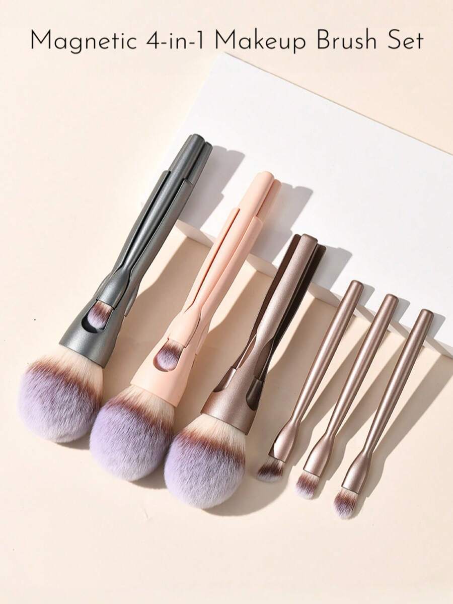 1 Stück Stück 4-in-1 Stück magnetisches Make-up-Pinselset, kompakter Reise-Make-up-Pinsel mit Puder- & Rouge-Pinsel, Concealer-Pinsel und Lidschatten-Pinseln, tragbares All-in-One-Beauty-Tool für unterwegs - Verschiedenfarbig - Übersicht 1