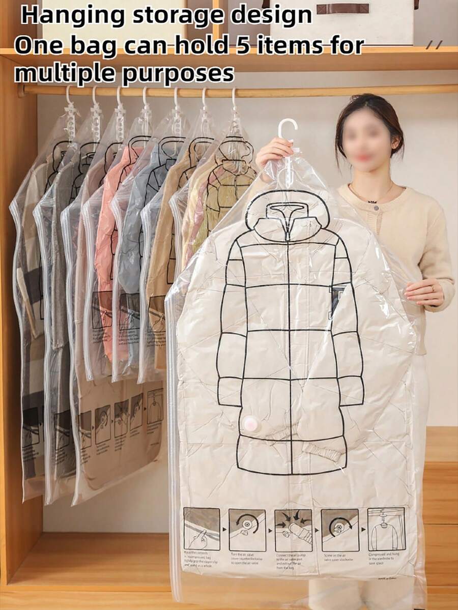 1个羽绒服悬挂式真空压缩袋,带挂钩,可悬挂衣物,收纳整理,防尘袋,家用衣物床上用品收纳袋,节省空间,适用于卧室、衣柜、浴室等场所,可存放衣物、毯子、床上用品等,家用收纳袋,学校收纳袋,学习用品收纳袋等。 - 彩色 - 查看 1