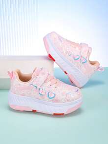 Girls' 4-Wheel Roller Skate Shoes, New Kids Roller Sports Shoes, 4-Season PU Leather Lightweight Durable Roller Skates, Fashionable Hook And Loop Adjustable Double Wheel Hidden Roller Shoes, Wheels Can Be Freely Detached, 2-In-1 Roller Skating & Sneakers, Roller Shoes For Teenagers - Multicolor - View 7