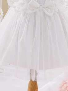 Baby Girl Cute Square Neck Sleeveless Bow Decor A-Line Mesh Dress, Versatile Fashion Outfit For Baby Girls, Suitable For Daily, Party, Outing In Spring & Summer - White - View 6