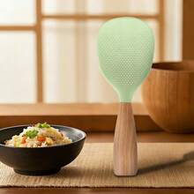 Wood Handle Silicone Rice Paddle Spoon, Lightweight Elegant Kitchen Rice Scoop With Standing & Hanging Hook Design, Healthy Harmless Non-Stick Spatula, Multiple Colors Available For Household Rice Cooker Daily Kitchen Cooking Use - View 3