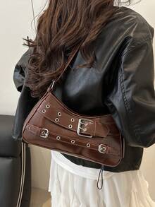 复古摩托车风格腋下包，时尚个性INS单肩包，简约通勤斜挎包 - 咖啡 - 查看 4