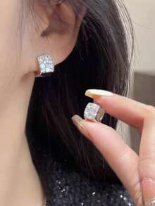 1 Đôi bông tai thời trang thanh lịch, nhỏ nhắn, thiết kế hình vuông hình học, đính đá pha lê, đa năng dành cho nữ - Bạc - Xem 6