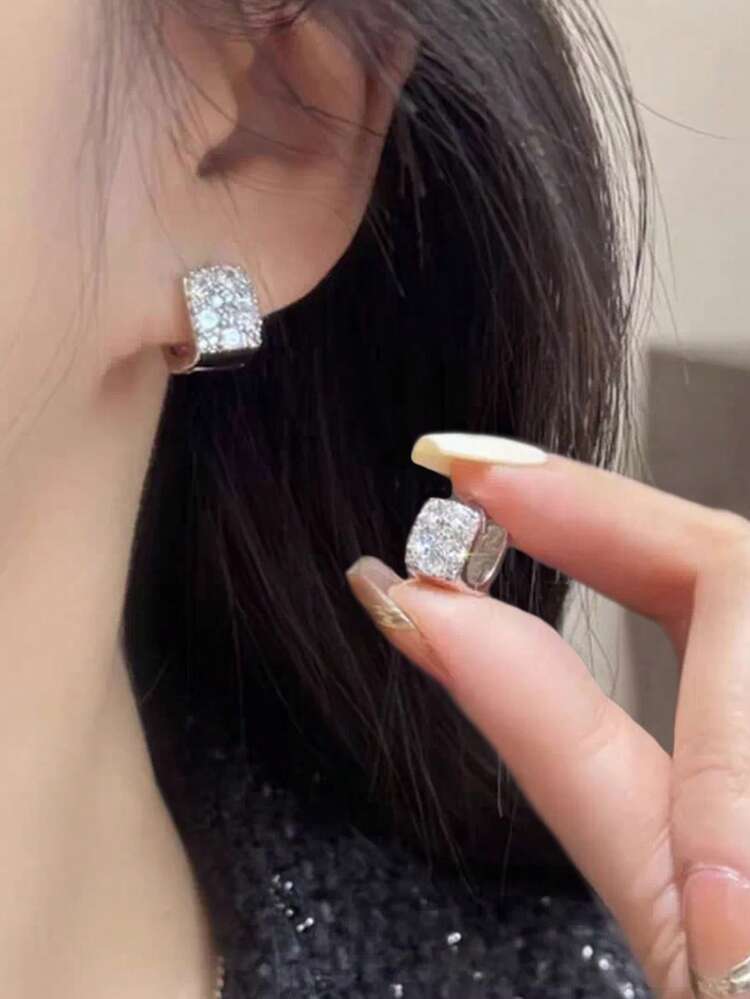 1对优雅小巧的几何方形设计玻璃水钻镶嵌时尚百搭耳环，女士款 - 銀色 - 查看 6