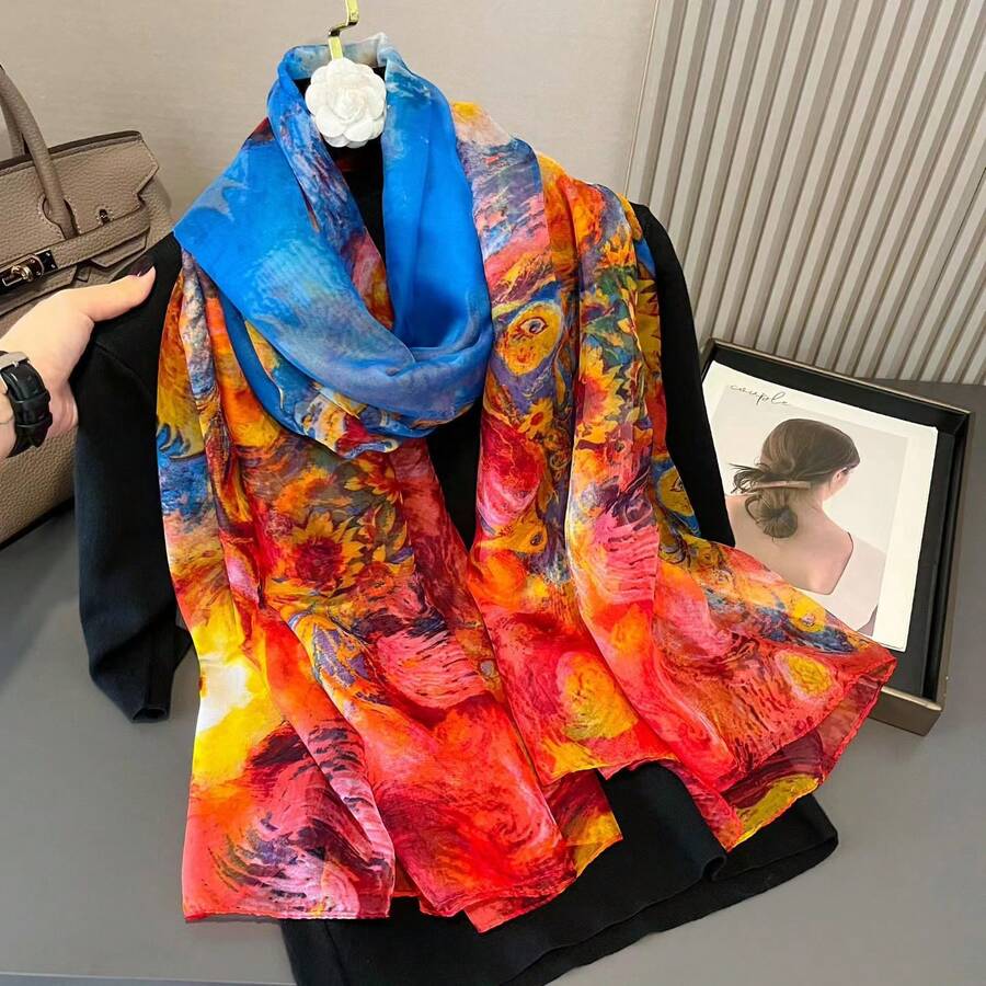 1pc New Lightweight Breathable Long Printed Scarf, Delicate Chiffon Floral Pattern Sunscreen Shawl For Women,Accessories,Holiday - Red - View 1