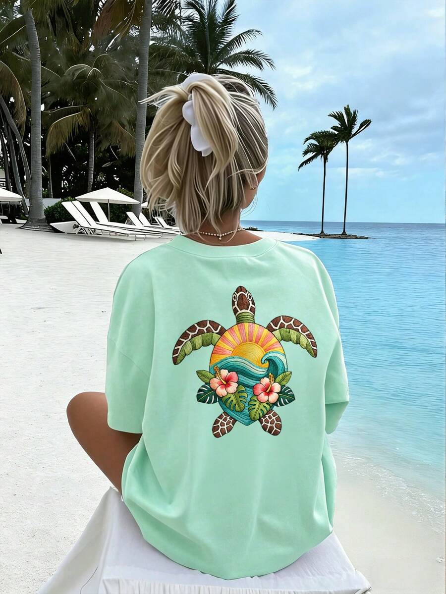 Hawaiian Sea Turtle Hibiscus Sun Wave Back Print Girls Mint Green Loose Beach Vacation Summer Short Sleeve Tee - Mint Green - View 1