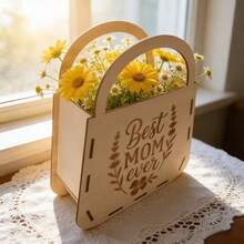 Laser Engraved Wooden Flower Pot - "Best Mom Ever" Floral Container, Collectible Architecture & Decor, Decorative Centerpiece For Mother's Day & Birthday Gifts - Multicolor - View 6