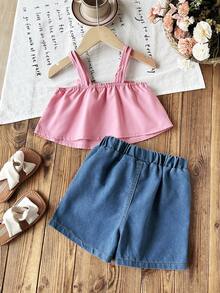 Toddler Girls' Fashionable Casual Cute Set, Spaghetti Strap Bow Decor Vest + Embroidered Bow Denim Shorts - Pink - View 2