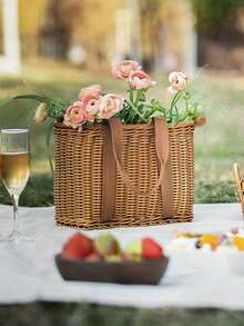 Woven Picnic Basket, Multi-Functional Wicker Basket, Handheld Storage Basket, Rural Living Shopping Organizer - Brown - View 8