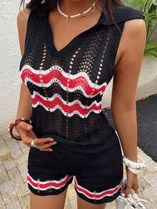 Summer Hollow Polo Collar Sleeveless Semi-Sheer Vest Top And Striped Knit Shorts 2 Pieces Set, Fashionable Sexy Fitted Versatile Black - Black - View 3