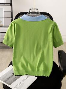 Atasan Rajut Polo Lengan Pendek Wanita Ringan, Bernapas, Baru, Elegan, Bordir, Blok Warna, Kancing Depan Kontras, Cocok untuk Liburan Musim Panas - Lime Green - View 2