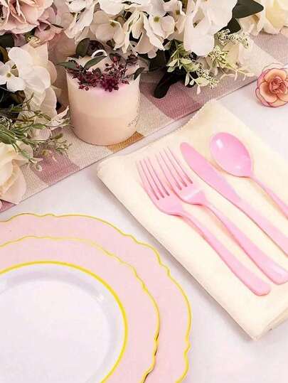 30/10pcs Reusable Pink Plastic Tableware Set - Fashionable Cake Knives, Forks & Spoons For Festival Parties, Weddings, Birthdays & Formal Events
