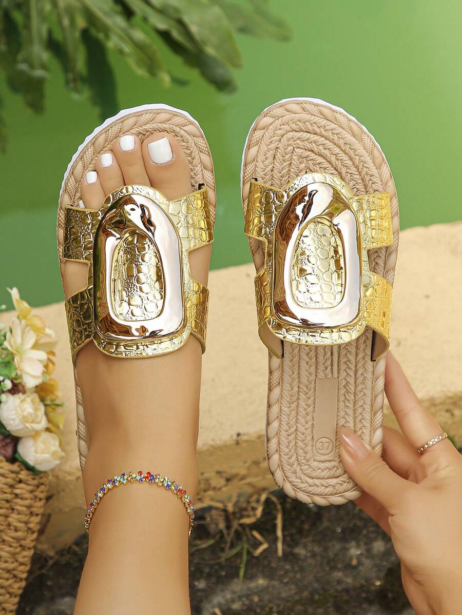 Women's Metal Buckle Faux Rope Sole Flat Sandals, Vacation Style Summer Daily Wear Beach Gold Slippers