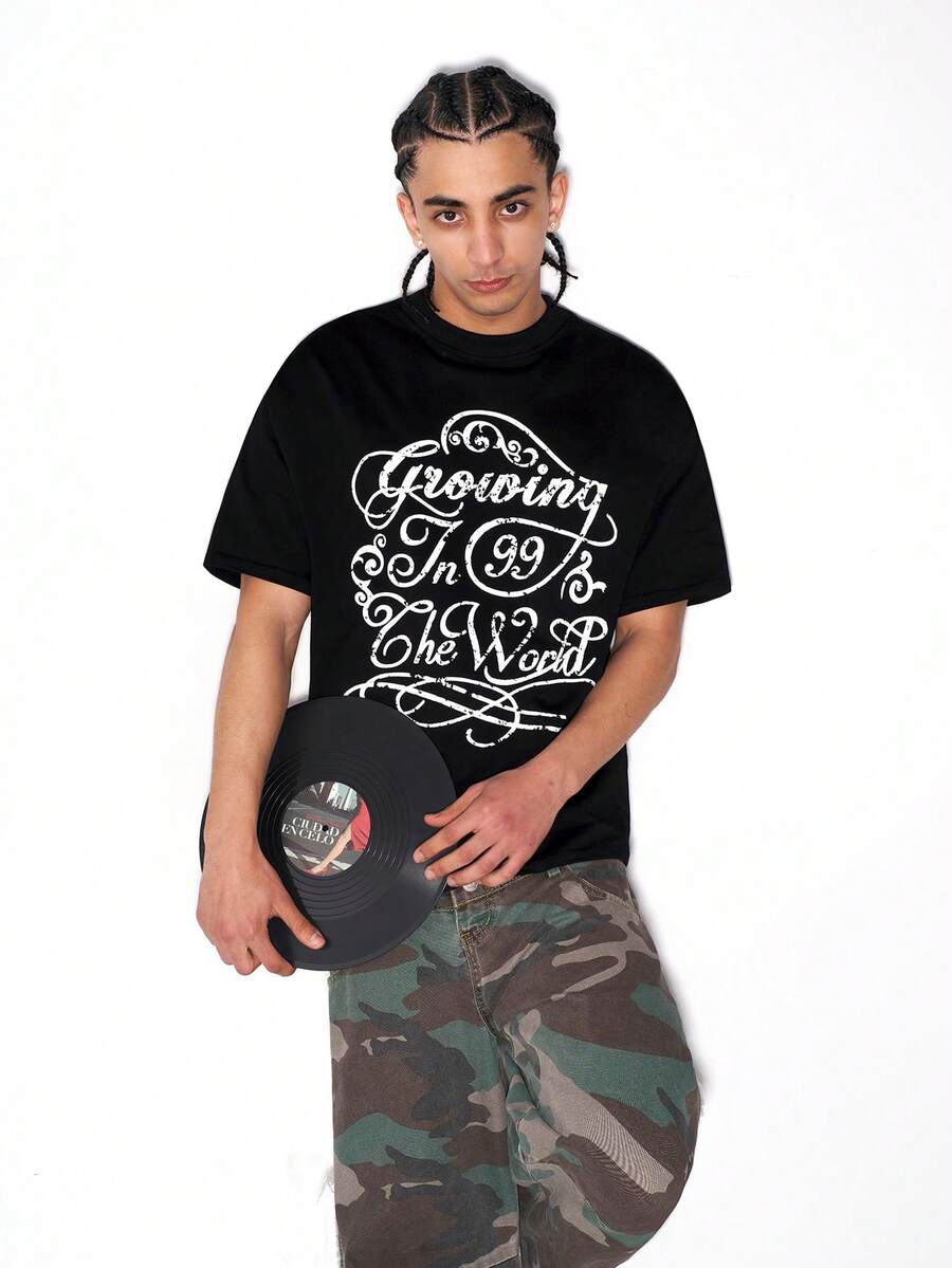 MT99 Camiseta casual de uso diario con cuello redondo y estampado de letras y números para hombres - Negro - Ver 1