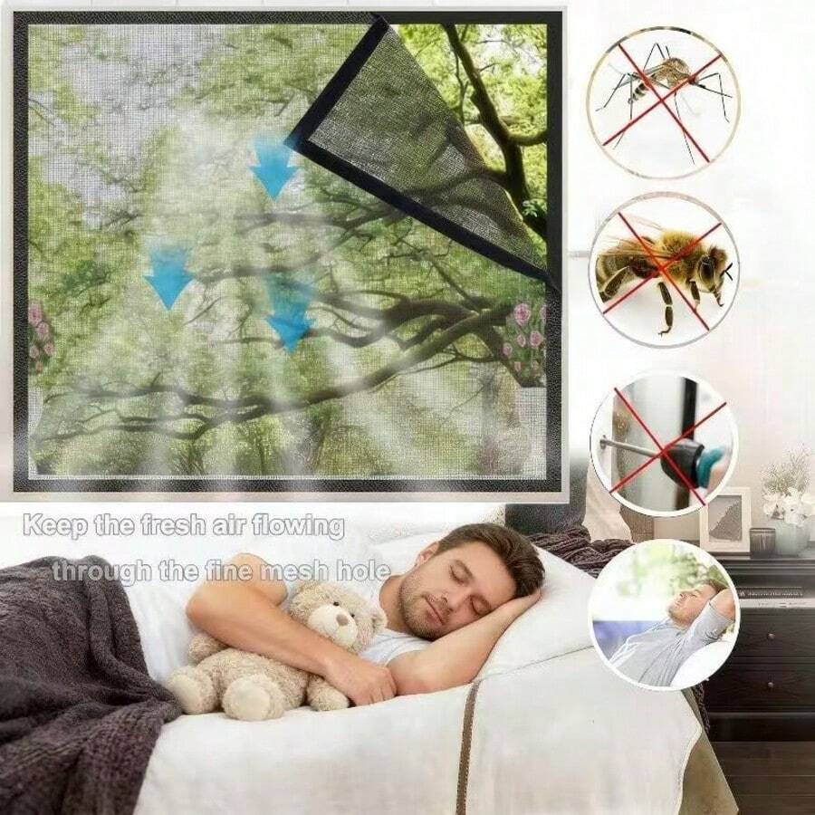 黑色防蚊纱窗，加厚耐高温隐形窗罩，通风，耐用，防猫抓，宠物友好，易于安装、拆卸和清洁。