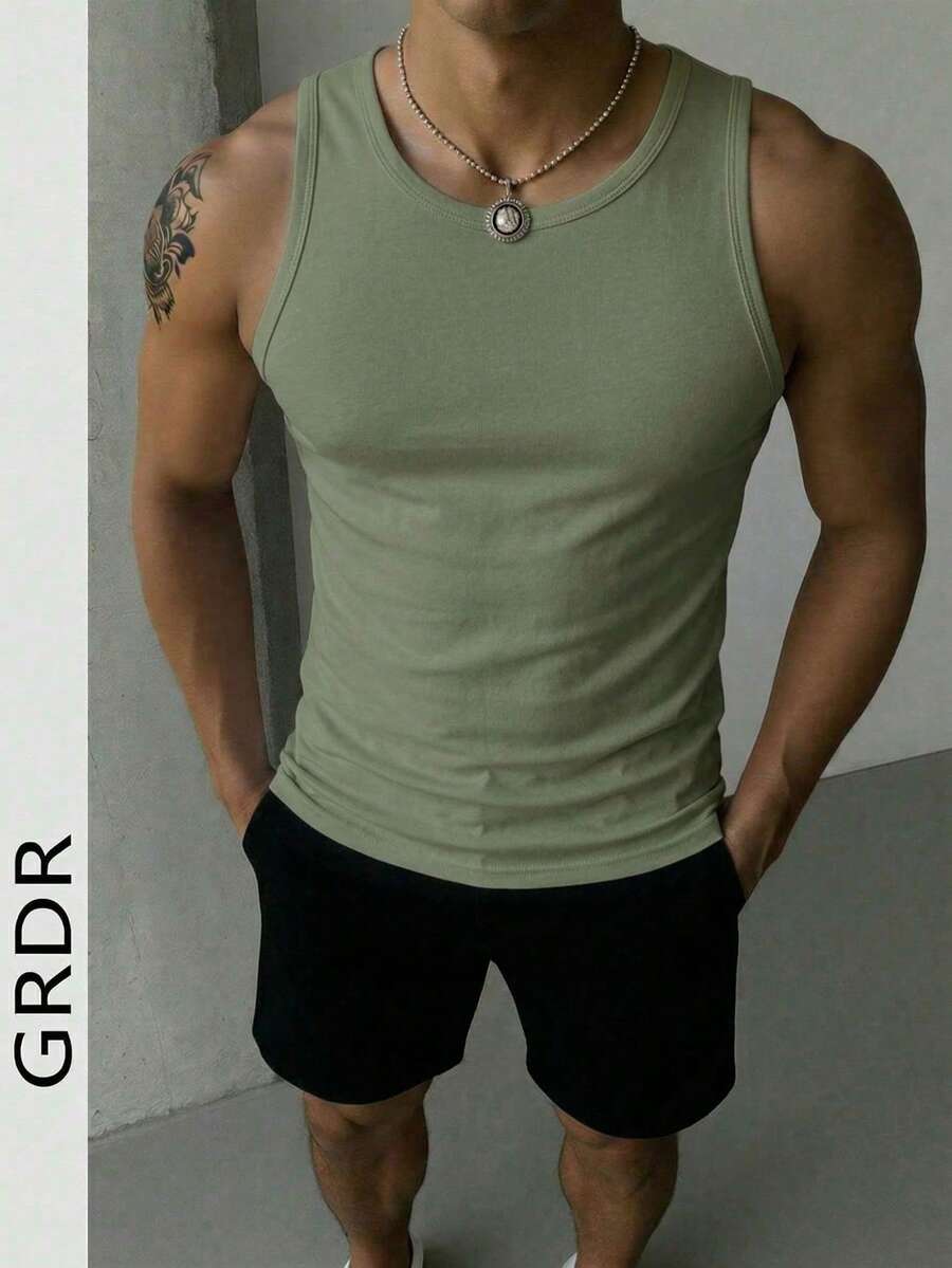GRDR 男士夏季无袖纯色修身背心，运动休闲两相宜 - 軍綠色 - 查看 1