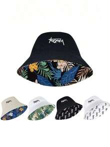 1pc Unisex Wide Brim Bucket Hat, Korean Style Letter Embroidery, Reversible Outdoor Sun Hat - màu đen - Xem 1