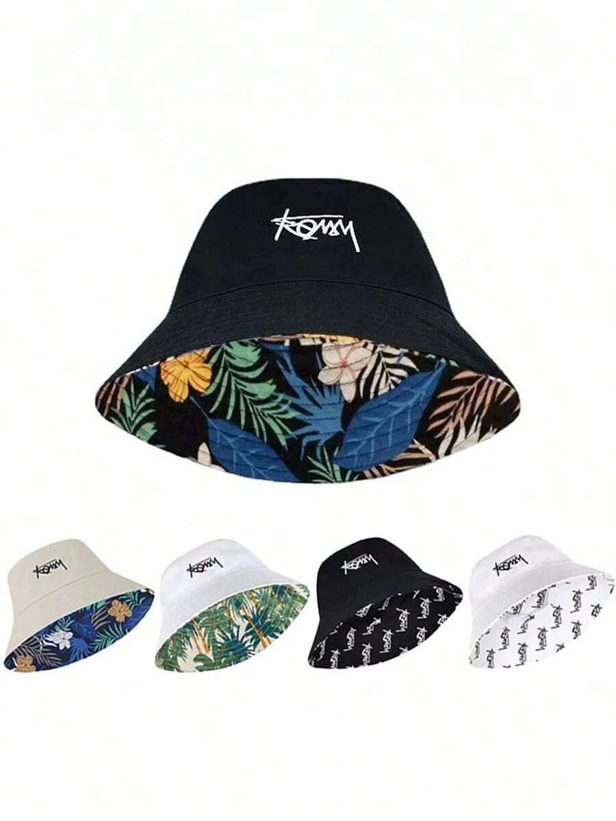 1pc Unisex Wide Brim Bucket Hat, Korean Style Letter Embroidery, Reversible Outdoor Sun Hat - màu đen - Xem 1