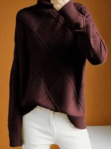 Women's Casual Plus Size Turtleneck Sweater, Autumn/Winter - Coffee Brown - View 5