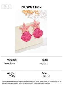 OOQ 1对手工编织拉菲草蓝色海星贝壳耳环，时尚夸张海洋系列海星贝壳流苏拉菲草耳环，适合女性日常、节日、派对、情人节、婚礼、母亲节、音乐节等场合佩戴（手工拉菲草编织，方向和形状随机） - 玫紅色 - 查看 6