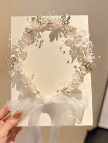 1 pieza Diadema de mujer con flores, decoración de perlas falsas y estrellas, banda de pelo de tela adecuada para bodas, verano, vacaciones, viajes, accesorios de novia, coronas, tiaras, tocados - Blanco - Ver 4