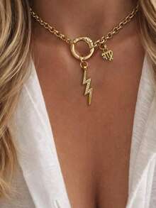 1pc Women's 12 Zodiac Constellation Pendant Necklace, Featuring Smooth Gold-Tone Ring And Lightning Shaped Diamond Pendant Design, Highlighting Personalized, Suitable For Daily Wear And An Excellent Gift - Gold - View 6