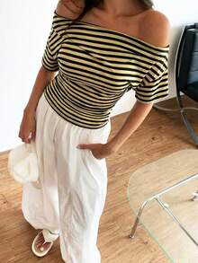 HoloChill Women's Fashionable Striped Knit Cropped Top, Asymmetric Neckline, Half Sleeve, Regular Fit Pullover, Suitable For Spring, High Elasticity, Summer Tops - Black - View 6