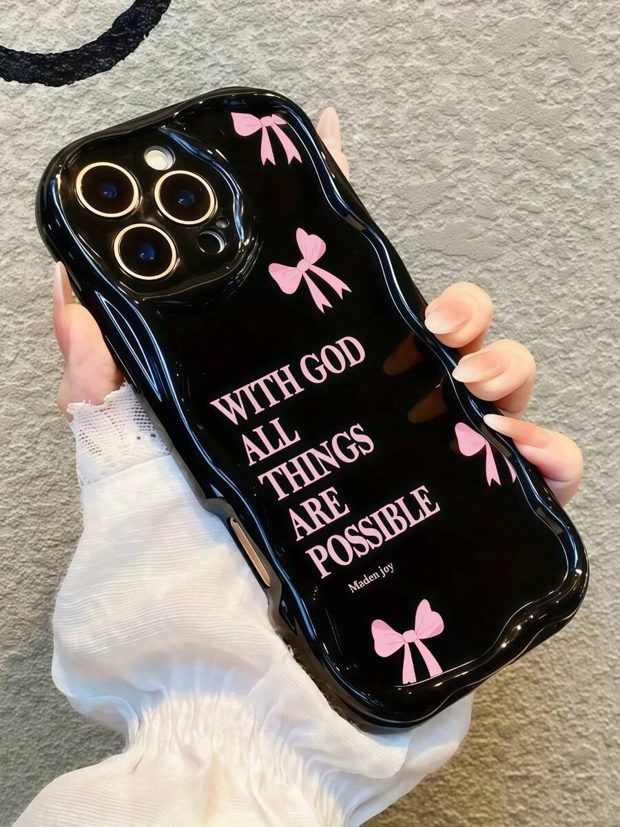 1pc Creative Pink Bow Slogan Wavy Shaped Screen Edge Protective Phone Case Compatible With Apple 7/8/X/XR/XSMAX/11/12/13/14/15/16/17 Pro Max, A14/A15/A16/A17/A04/A05/A06/A07/A54/A55/A56/A57/A34/A35A/36/A37/S26/S26Plus/S26Ultra, Transsion SMART7/8/9/10 - Black - View 1