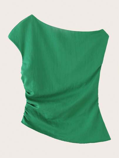 Blusa casual de unicolor con pliegues y cuello asimétrico, para verano