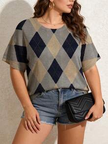 ASHKATIA Plus Size Women Blouse, Contrast Color Rhombus Pattern, Soft & Breathable Fabric, Casual Style Spring - Multicolor - View 3