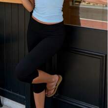 Y2K White Foldover Waist Capri Leggings Women Stretchy Slim Fit Cropped Pants Streetwear - màu đen - Xem 1