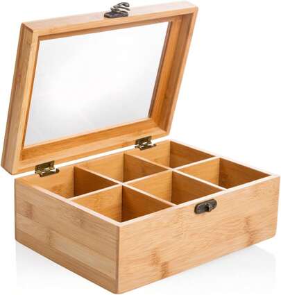 Teeschrank aus Bambus mit 6 Fächern und Deckel, Teedose mit Sichtfenster, Aufbewahrungsbox für Teekuchen für den Hausgebrauch, Aufbewahrungsbox für Snacks