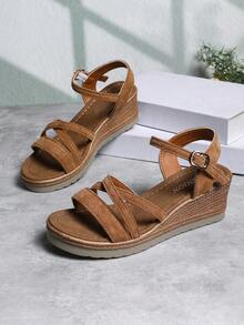 Summer New Wedge Sandals, Thick Sole Non-Slip Plus Size Women One-Strap Buckle Sandals,Beach Shoes - Brown - View 8