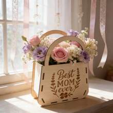 Laser Engraved Wooden Flower Pot - "Best Mom Ever" Floral Container, Collectible Architecture & Decor, Decorative Centerpiece For Mother's Day & Birthday Gifts - Multicolor - View 2