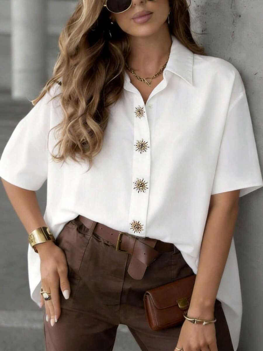 Women's Casual Vacation Daily Work Metal Button Front Loose White Blouse, Suitable For Festival, Beach, Country Outfits Summer - White - View 1