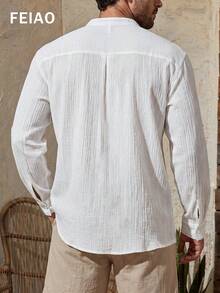 FEIAO 男士复古美式纯色衬衫，波浪褶皱长袖衬衫，柔软舒适。时尚优雅，适合通勤、休闲和度假穿着。 - 白色 - 查看 2