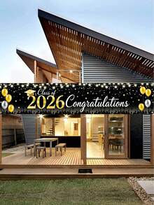 1pc 2026 Graduation Decorative Banner, Polyester Hanging Flag, 2026 Graduation Background Banner, Gold Balloon Graduation Cap Banner, Graduation Congratulations Banner, Black And Gold Graduation Slogan Banner, We Are Proud Of You Hanging Flag, Graduation Celebration Background Banner, Graduation Party Supplies, Graduation Home Decor, Graduation Celebration Decoration, Indoor Outdoor Yard Hanging Banner, Graduation Gift, Party Favors - Black Gold Graduation - View 3