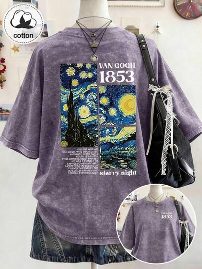 大码女式梵高星空艺术设计字母印花复古水洗T恤，休闲宽松，夏秋上衣