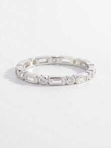 1pc Fashionable & Exquisite Punk Chic Versatile 925 Sterling Silver Round & Square Stone Alternating Ring, Showcasing Charm For Dating, Commuting, Daily Wear, Gift - Multicolor - View 6