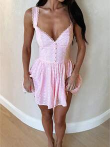 Women's Summer Mini Dress Stylish Solid Lace Trim Flower Embroidered Hollow Details Sleeveless V Neck A Line Dress Casual Boho Vacation Beach Date Party Outfit - 粉色 - 查看 1