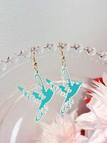 1 par de pendientes de pájaro con ola de agua hueca de acrílico blanco, de estilo fresco y vivo, adecuados para que las mujeres los usen a diario o como regalo, pendientes - pájaro - Ver 2