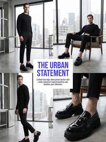 Couples Button Decor Derby Shoes, Men's Fashionable Platform Oxfords, Slip-On Loafers, British Style Dress Shoes, Business Casual Daily Walking Shoes, Men's Shoes, Glossy Uppers Anti-Slip Soles, Office Casual Men's Shoes Matching Suits, Size 38-46 Business Formal Men's Shoes - Black - View 2